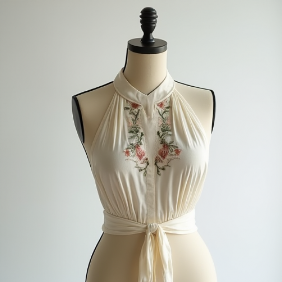 Embroidered Halter Neck Top with Puff Sleeves