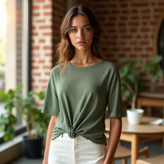 Ribbed Ribbed Tee with Tie Front