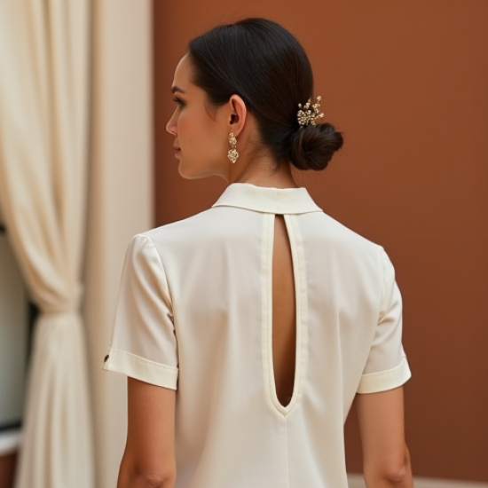 Linen Satin Blouse with Keyhole Back