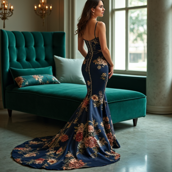 Satin Mermaid Gown with Floral Print
