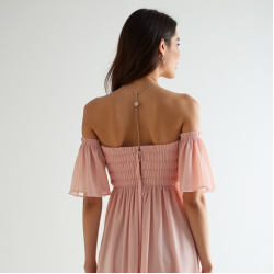 Off-Shoulder High-Low Dress in Pastel Shades