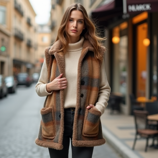 Plaid Faux Fur Vest with Deep Pockets
