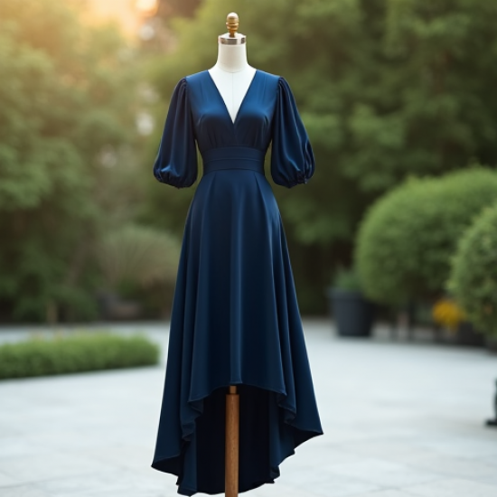 Silk High-Low Dress with Puffed Sleeves