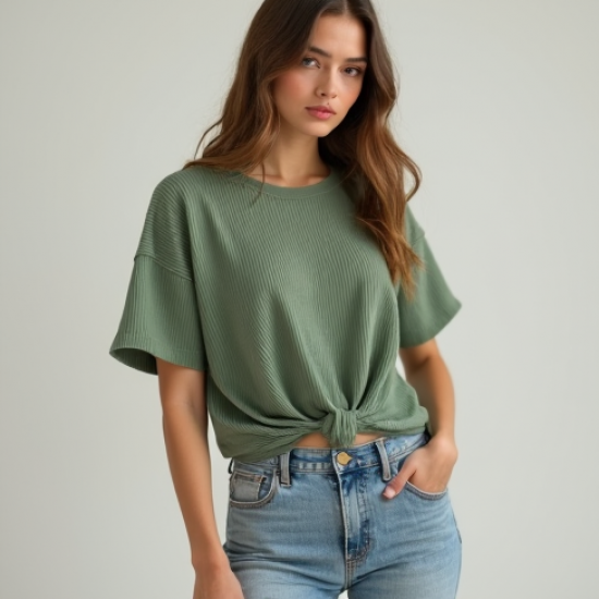 Ribbed Ribbed Tee with Tie Front
