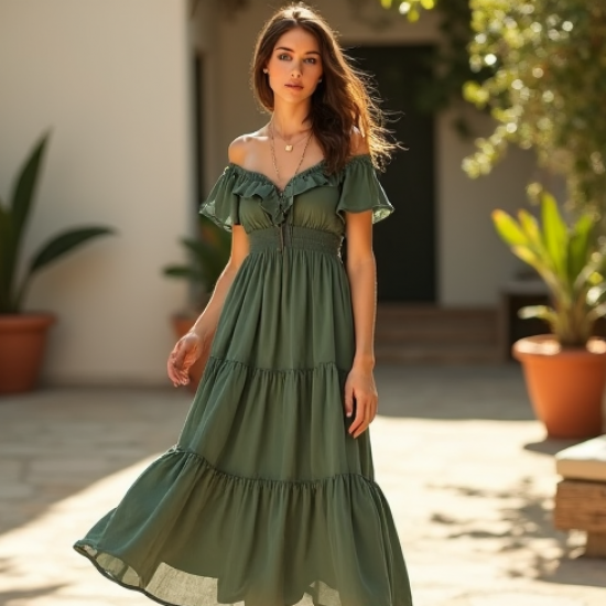 Off-Shoulder Peasant Dress with Empire Waist