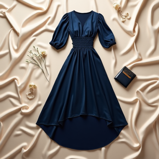 Silk High-Low Dress with Puffed Sleeves