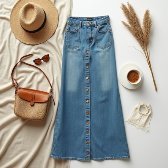 Denim Maxi Skirt in Light Wash